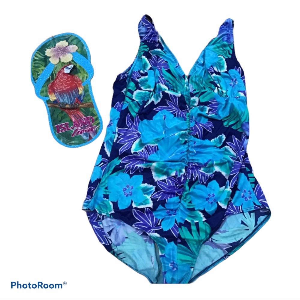 Sunbird Ruched Blue‎ Floral Swimsuit Size 40